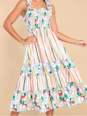 Aura Colorful Striped Tiered Midi Dress - Pastel Multicolor